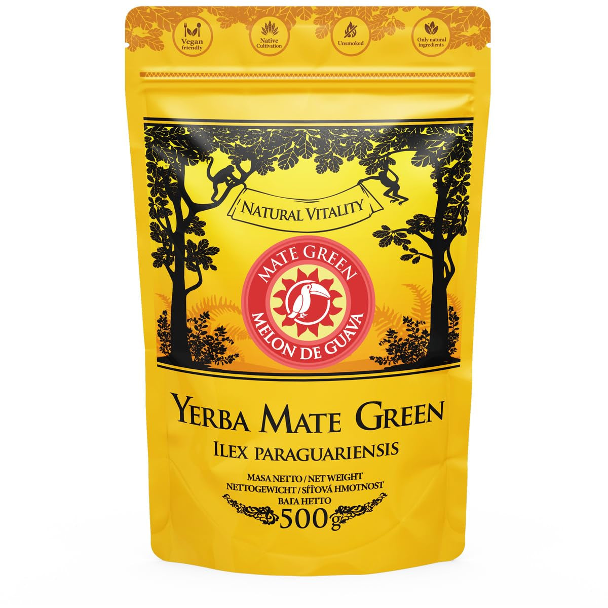 Yerba Melon De Guava 500G – Brazylijska herbata Yerba Mate z melonem, gujawą, jackfruitem, ananasem i kokosem – egzotyczna i owocowa – suszona na powietrzu, wegańska
