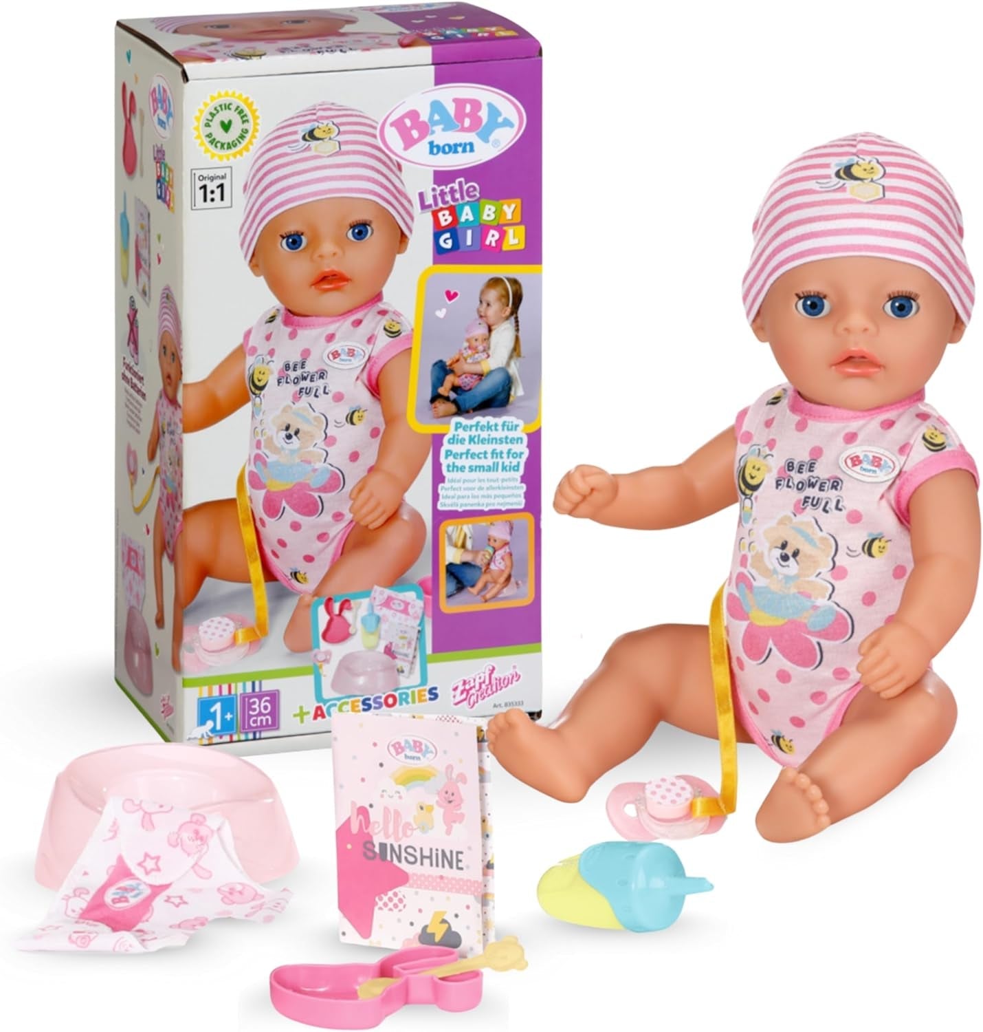 BABY Born Lena (Girl) - laleczka bobas 36 cm - 7 funkcji, w tym akcesoria i materacyk - Działa całkowicie bez baterii - Odpowiednia dla małych dzieci od 1 roku