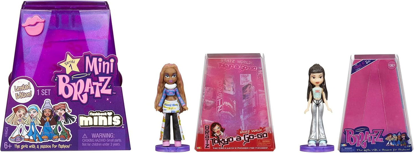 Lalki Bratz Miniverse MGA's Y2K Nostalgia Flashback Minis z limitowanej edycji - PAKIET NIESPODZIANKI - 2 mini lalki Bratz i gablota - świetny prezent dla dzieci i kolekcjonerów 6+