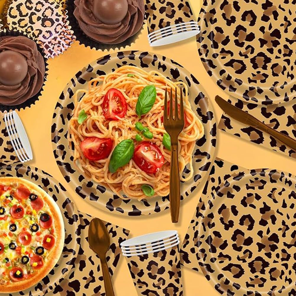 Wzór w panterkę Party Geschirr Kindergeburtstag Deko Geburtstag Party Geschirr Dschungel Pappteller Becher Servietten Babyparty Tischdeko Set