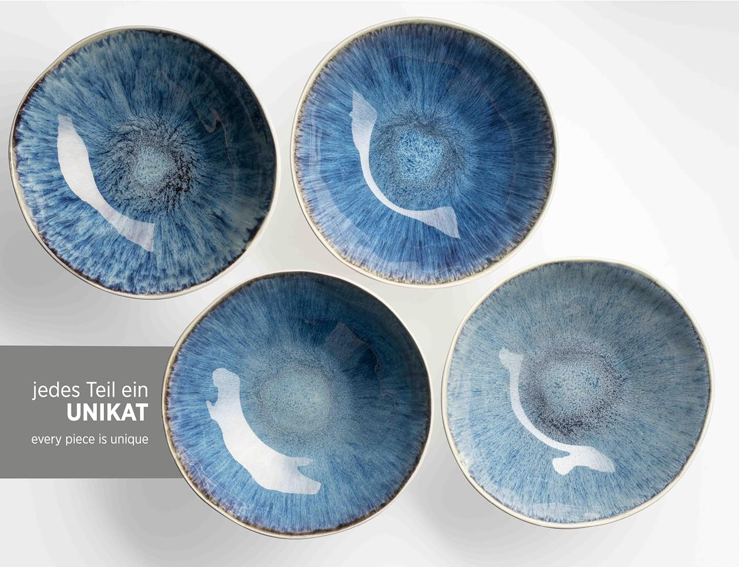 MĘSER 934092 Seria Frozen, Zestaw ceramicznych zastaw stołowych na 4 osoby, 16-częściowy serwis kombinowany o organicznych kształtach, serwis bejcowany na niebiesko, kamionka, ciemnoniebieski