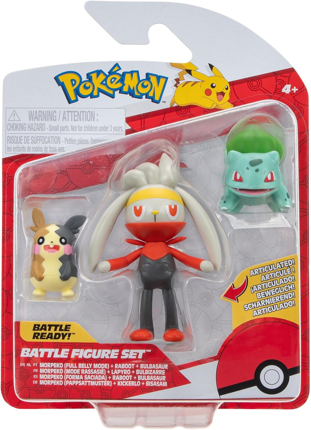 Pokémon PKW3057 Zestaw figurek bojowych-Piepi, Tanhel, Lauchzelot Figurki Naty Shop Morpeko, Bisasam, Kickerlo
