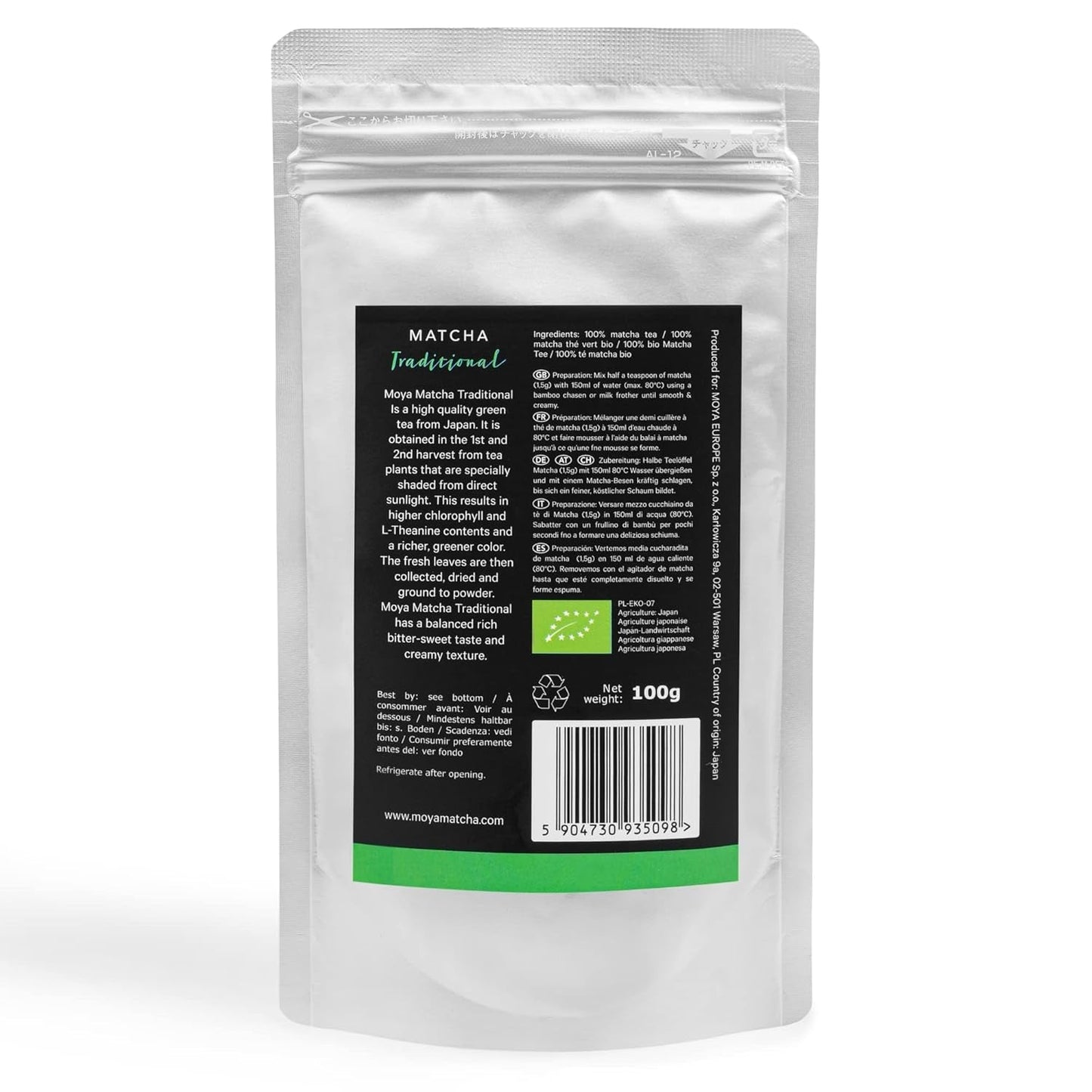 Moya Matcha organiczna zielona herbata w proszku | 100 g tradycyjna ceremonia jakość 30 g | Organicznie uprawiane i zbierane w Uji w Japonii | Idealne do picia z wodą, matcha latte, koktajlami i lemoniadami