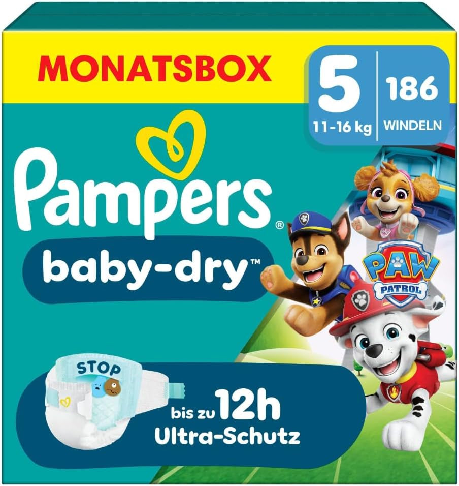 Pieluchy Pampers Baby-Dry Puppy Patrol Edition, rozmiar 5, 186 pieluszek, 11–16 kg, do 100% ochrony przed wyciekami i komfortu przez całą noc