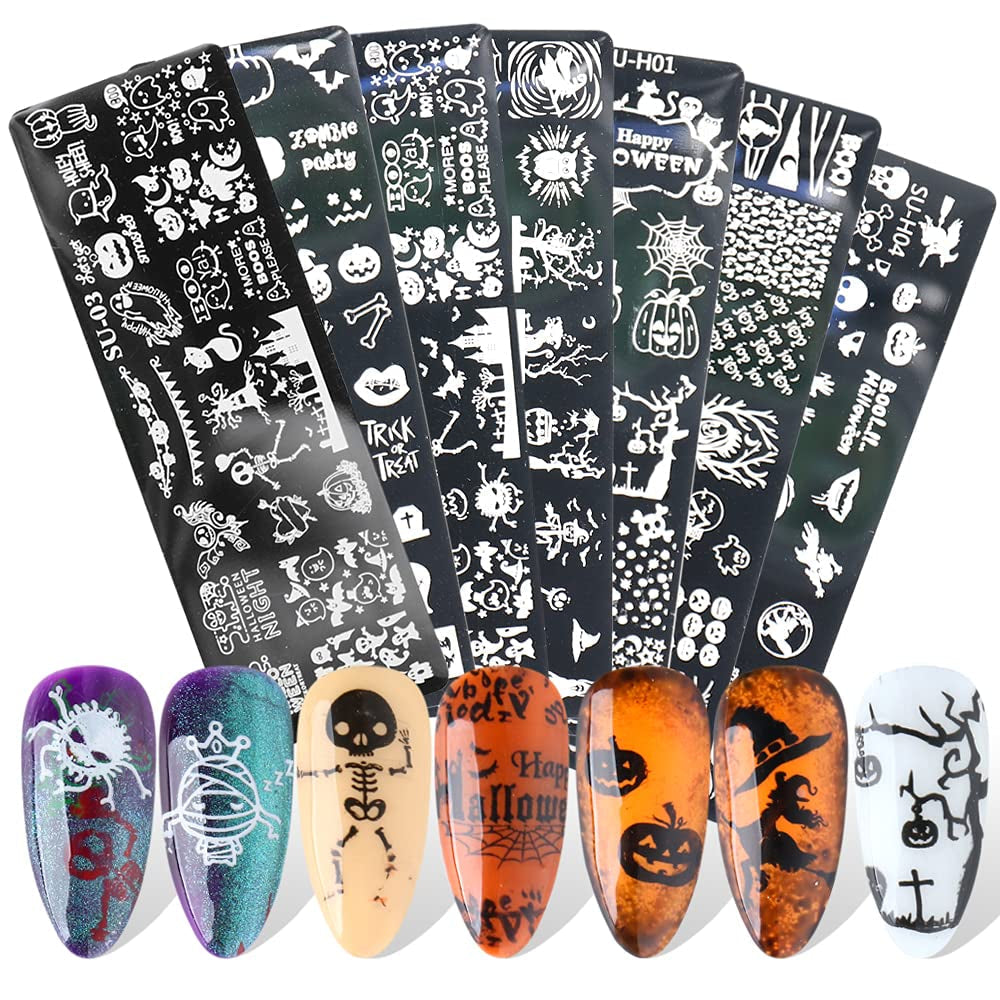 JMEOWIO Szablony do stemplowania paznokci Halloween 6 Stück Nagelstempel Szablony Nail Art Dekoration Nageldesign Zubehör Böse Gruselige Kürbis-Geisterhexe
