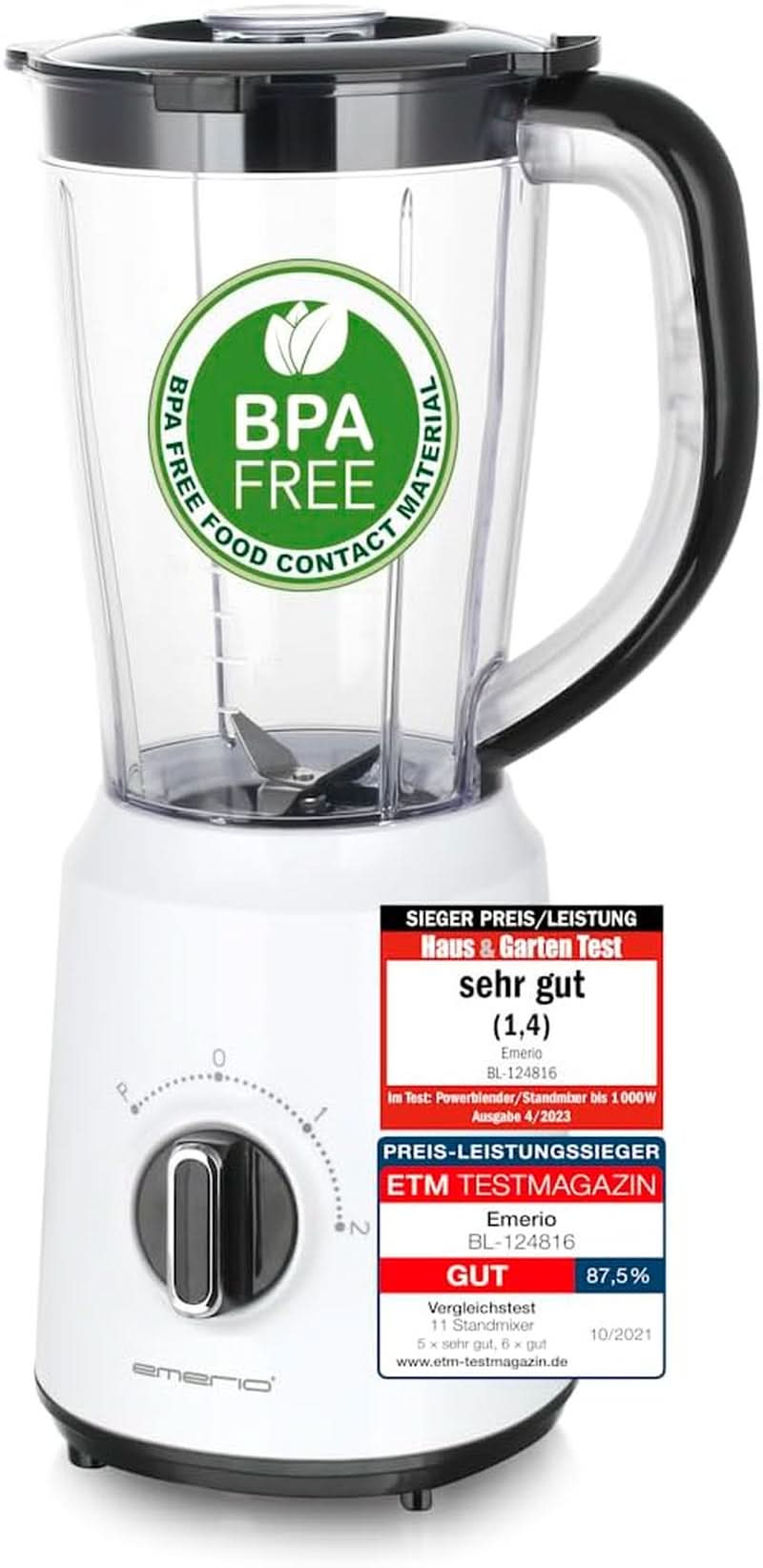 Mikser stojący Emerio BPA Frei Crush Ice Funktion 1,5 l Behälter 2 Geschwindigkeiten + Pulse Funktion Messereinheit Aus Edelstahl Sicherheitsschalter Geschirrspülgeeignet 500 Watt BL-12816.8 Schwarz Bucatarie Naty Shop Weiß