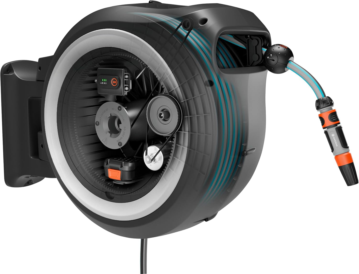 Gardena PowerRoll XXL Solo Bezprzewodowy ścienny pojemnik na wąż: automatyczny bęben na wąż z wężem ogrodowym o długości 40 m, prowadnicą węża i systemem RollControl, zasilany akumulatorowo, odporny na promieniowanie UV i mróz (18647-55)