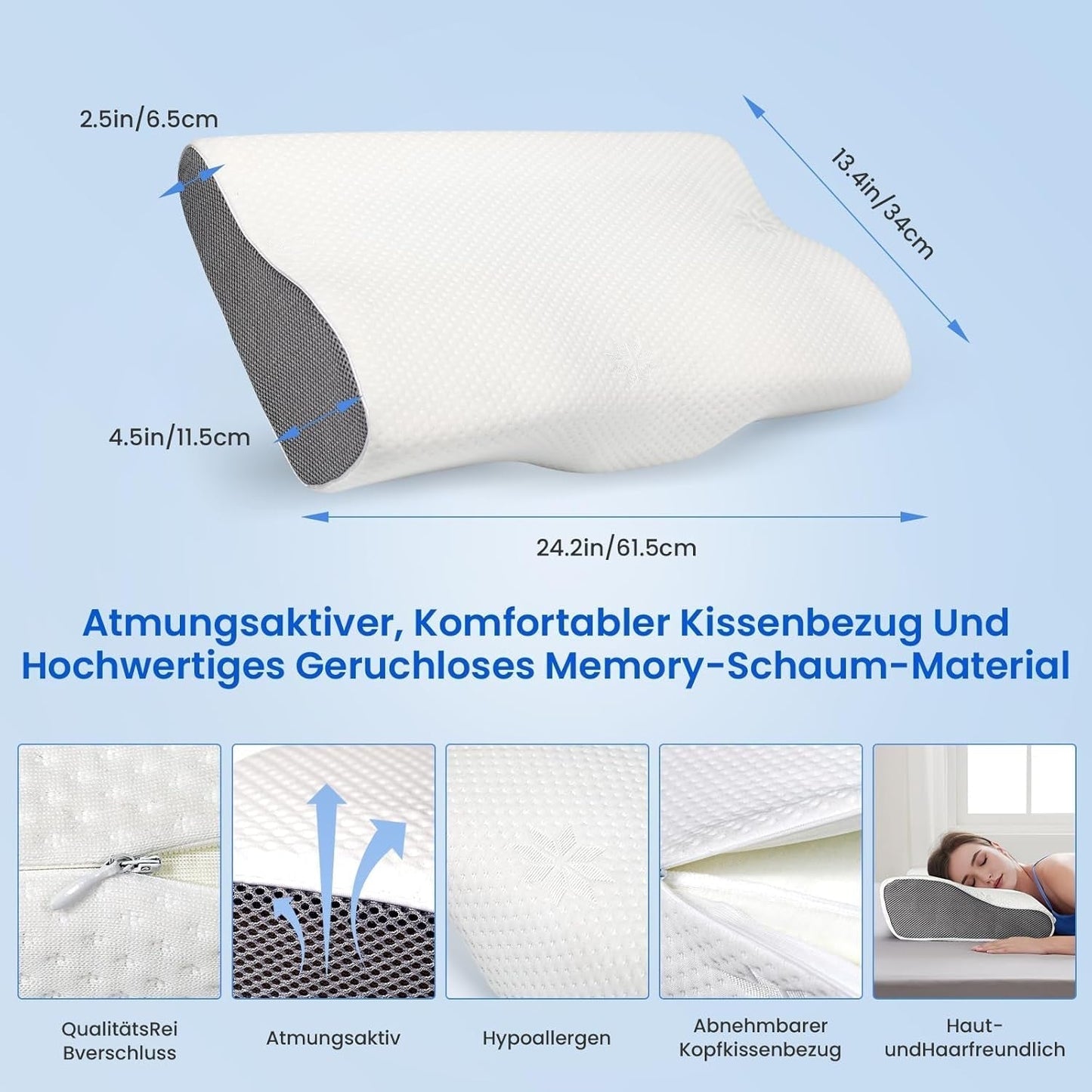 PHYSEN Poduszka ortopedyczna Poduszka pod szyję, Poduszka podtrzymująca szyję, Poduszka z pianki memory, Ergonomiczna poduszka przeciwbólowa szyi Poduszka do spania Poduszka przeciw chrapaniu Poduszka na boki, plecy i brzuch (62 * 34 * 11 6,5 cm) Poduszki ortopedyczne szyjki macicy Naty Shop