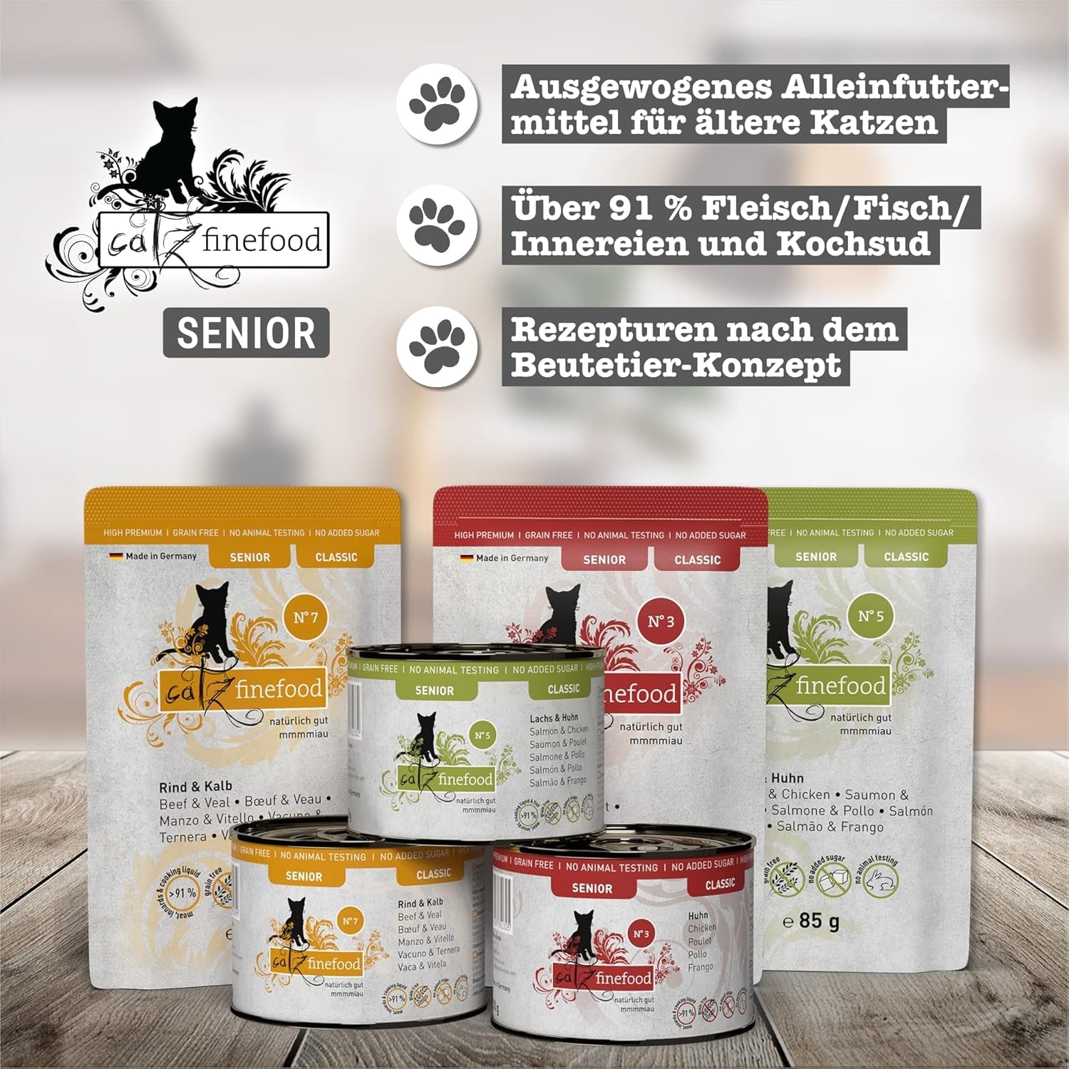 catz finefood Senior Collection Katzenfutter nass - Premium Nassfutter für Ihre Senior Katze - getreidefrei, ohne Zucker, hoher Fleischanteil, Witaminy i minerały (6 x 200g dawka)