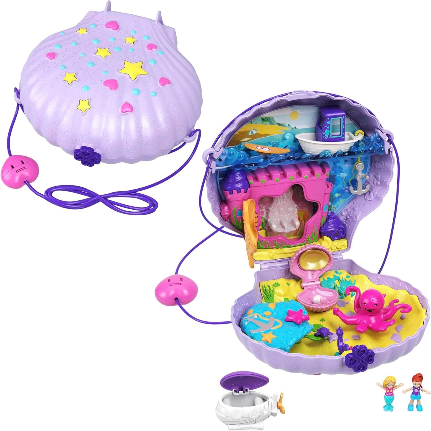 Pudełko do przechowywania Polly Pocket Torba w kształcie muszli z 2 lalkami i 1 łodzią podwodną Polly Pocket Zabawka syrenka, wiek 4+ GNH11