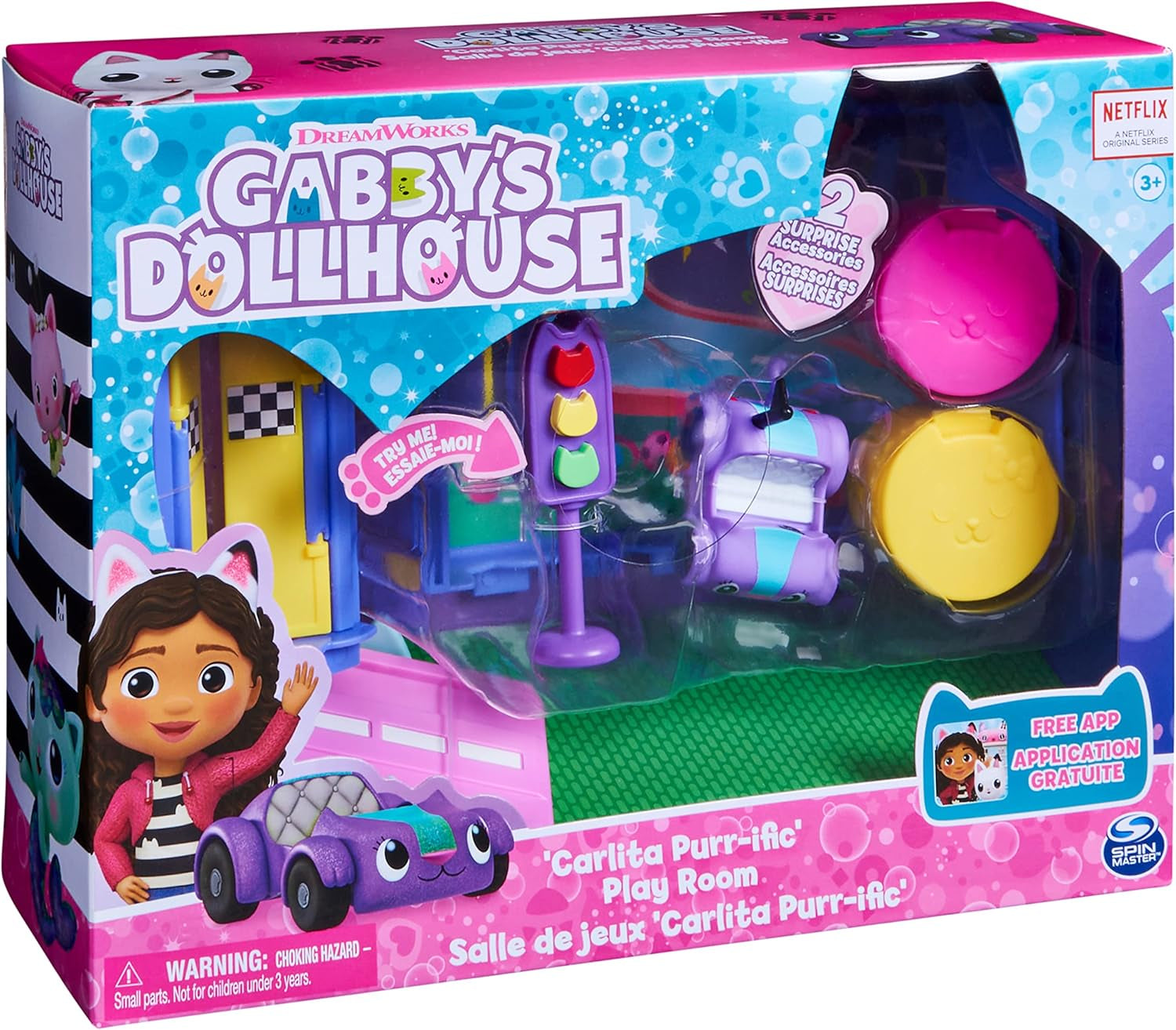 Pokój Deluxe w domku dla lalek Gabby, pokój zabaw mruczących, pokój zabaw z samochodzikiem Carlita, 2 meble i 2 pudełka z niespodziankami z akcesoriami, odpowiednie dla dzieci w wieku od 3 lat Domki dla lalek Naty Shop