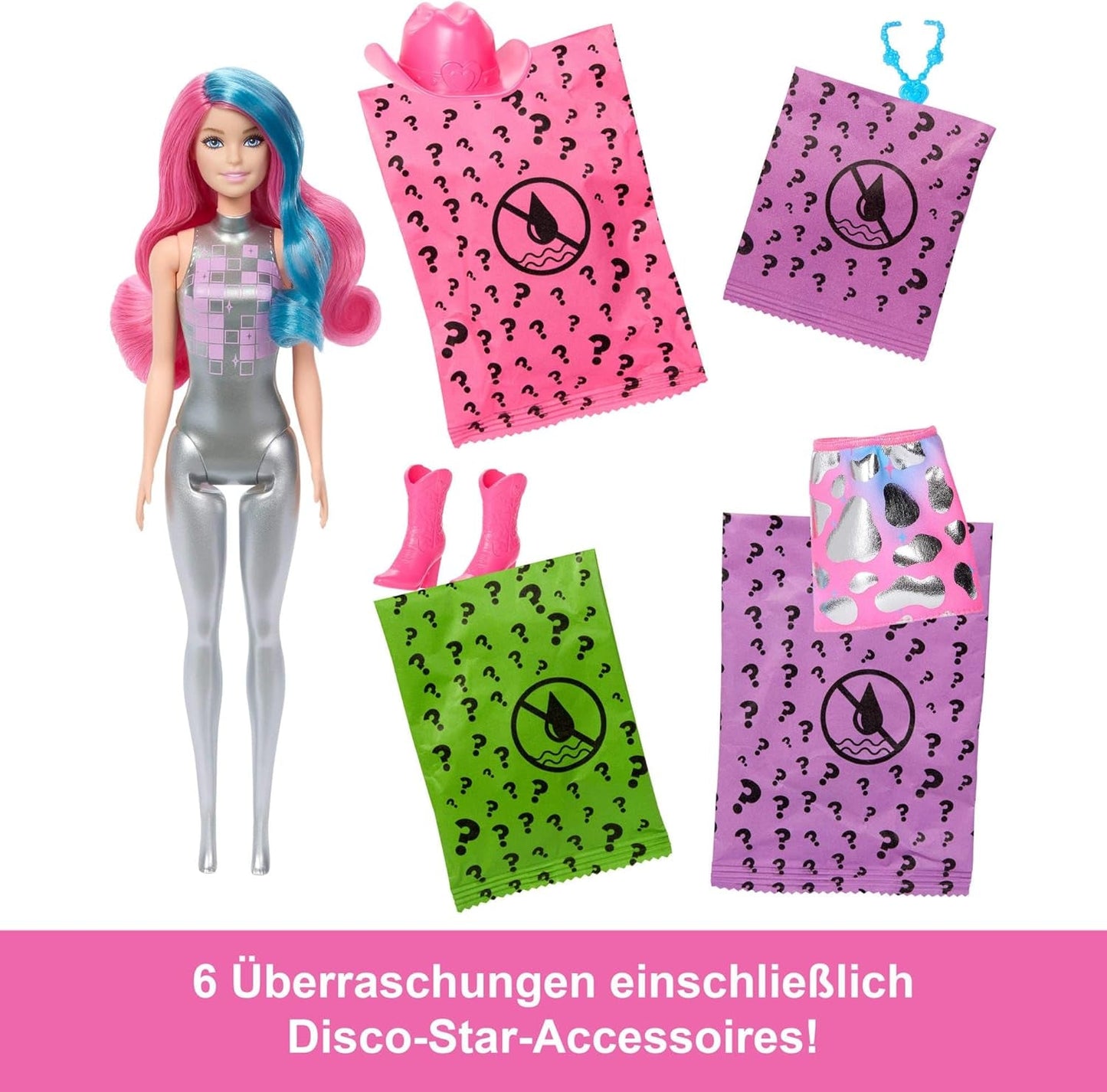Lalka Barbie Color Reveal i akcesoria z 6 niespodziankami, seria Disco Star z metalicznym brokatem i topem zmieniającym kolor (style mogą się różnić), JCP01, 32 cm