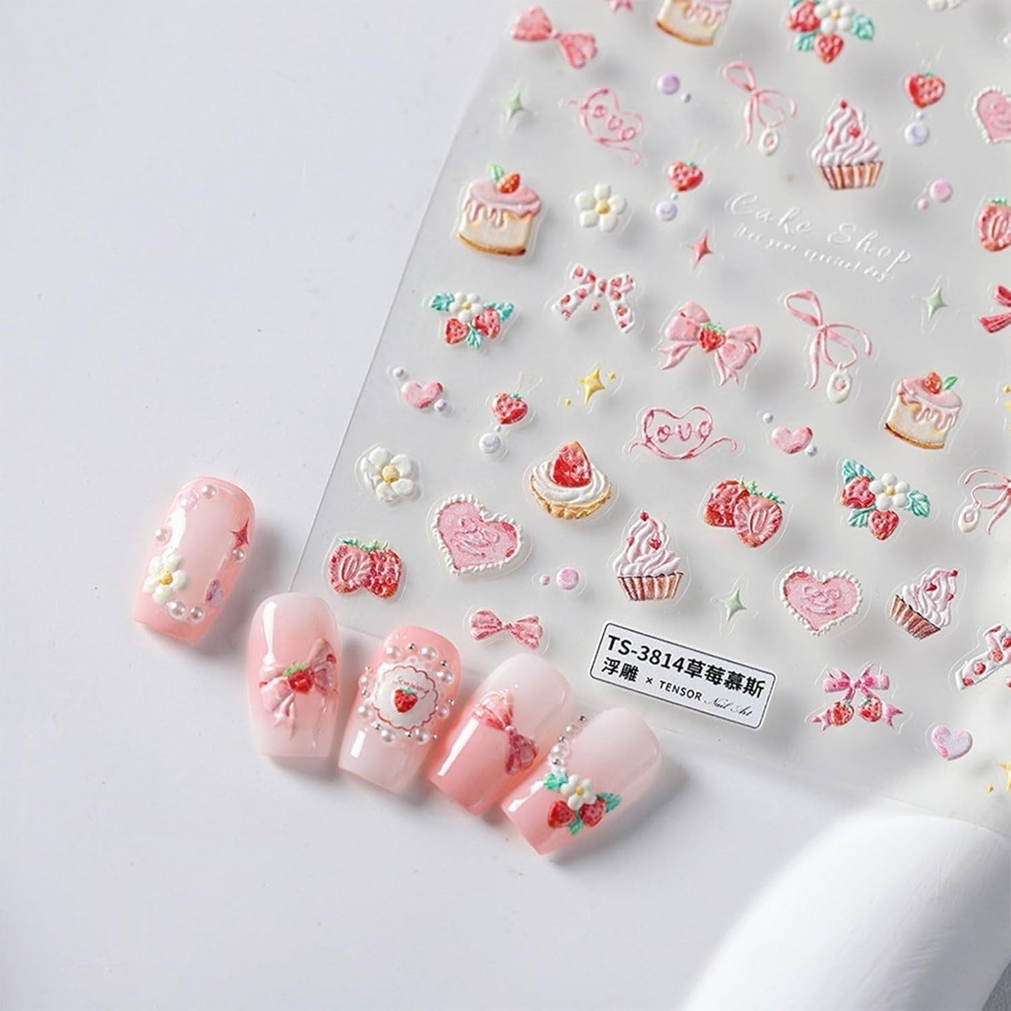 JMEOWIO 3D Nagelsticker Rosa Nail Art Naklejka Selbstklebend Nagelaufkleber 5D Stereoskopisch Kuchen Erdbeerschleife Dekoration Nageldesign Zubehör 1 Blatt