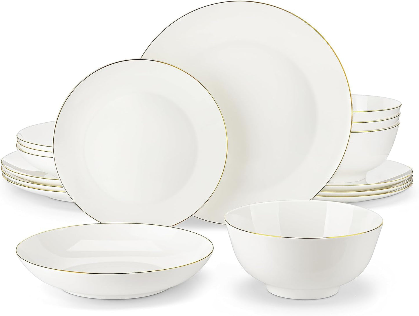MALACASA 4-osobowy zestaw obiadowy Bone China 16-częściowy zestaw obiadowy Okrągły biały ze złotym brzegiem Zestaw 4 talerzy obiadowych 4 talerze deserowe 4 talerze Suma i 4 miski na płatki zbożowe Seria NORI