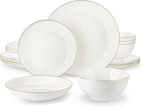 MALACASA 4-osobowy zestaw obiadowy Bone China 16-częściowy zestaw obiadowy Okrągły biały ze złotym brzegiem Zestaw 4 talerzy obiadowych 4 talerze deserowe 4 talerze Suma i 4 miski na płatki zbożowe Seria NORI