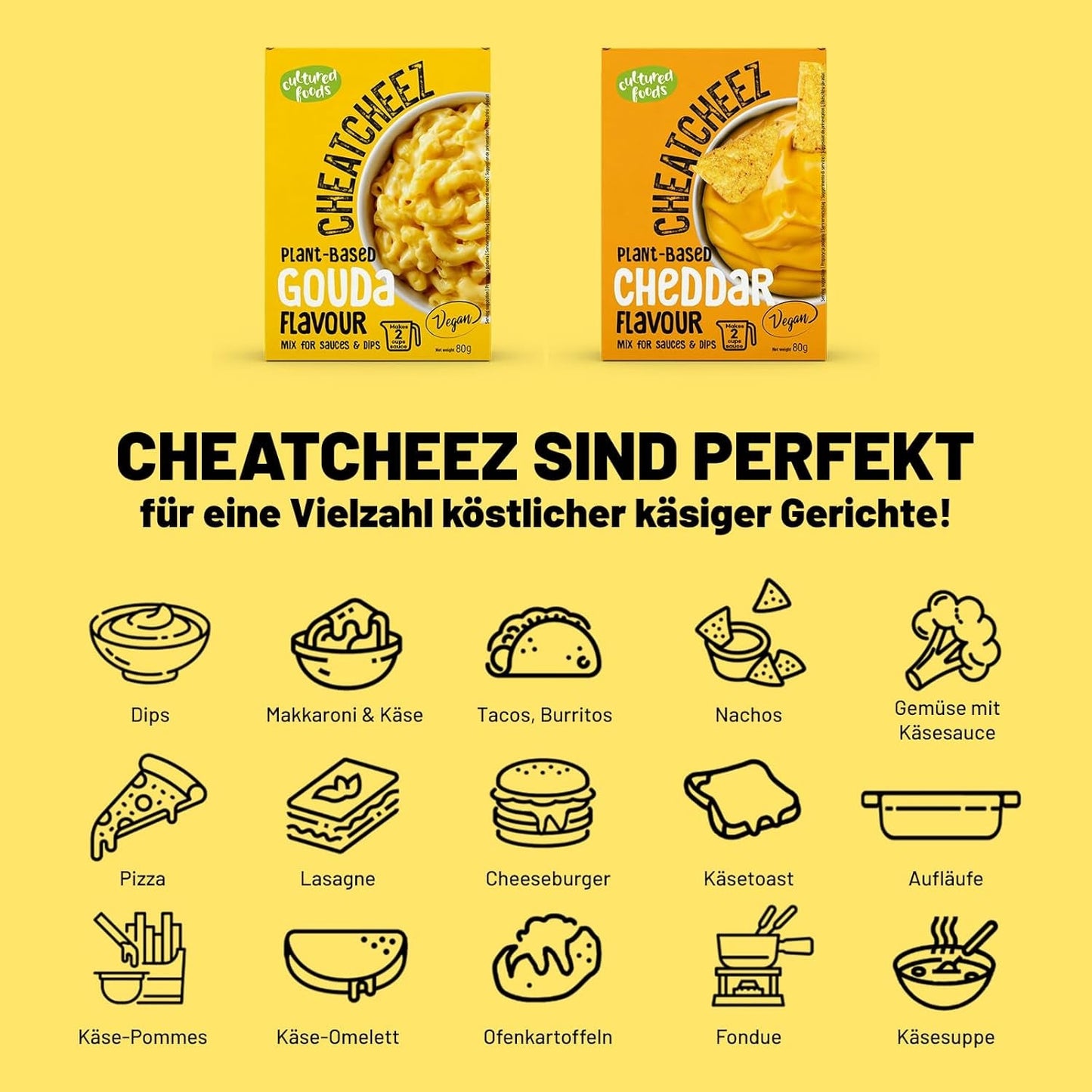 Cultured Foods Wegański zestaw 3-er Wegański makaron z serem, sosem Gouda, sosem Cheddar, Laktosefrei Glutenfrei MAC i CHEEZ CHEATCHEEZ