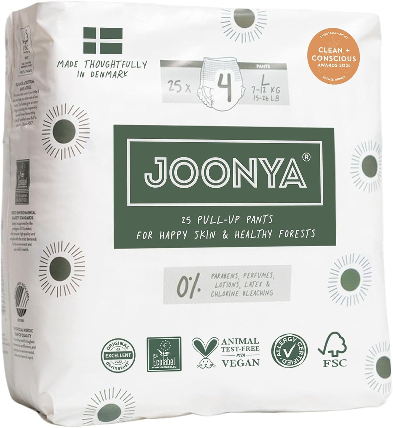 Pieluchy push-up rozmiar 4 L (7-12 kg) - 1 worek po 25 sztuk - Nie zawiera substancji szkodliwych, ekologiczne, ultrapłaskie, do stosowania na noc - Wyprodukowano w Danii
