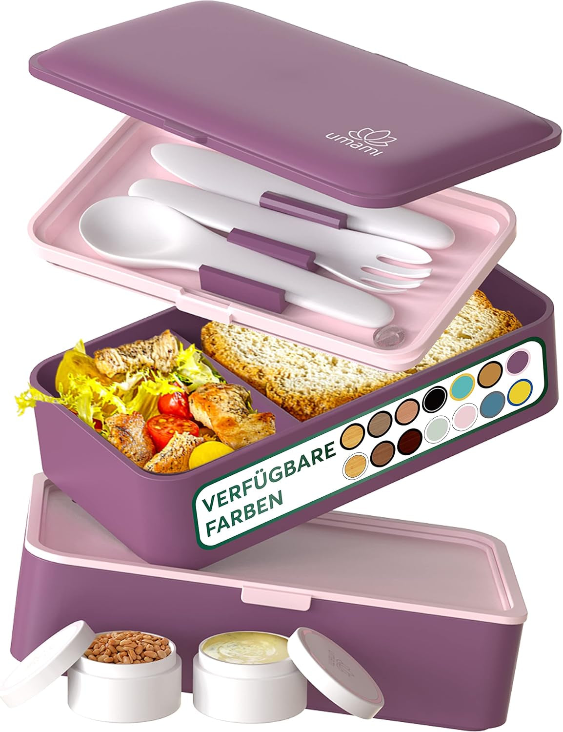 Pudełko na drugie śniadanie Umami dla dorosłych, szczelne pudełko bento z możliwością sztaplowania, z 4 sztućcami i przegródkami, pudełko na drugie śniadanie dla dorosłych, pojemnik na sałatkę na wynos, pudełko na drugie śniadanie na piknik/biuro, węgiel drzewny, 1500 ml