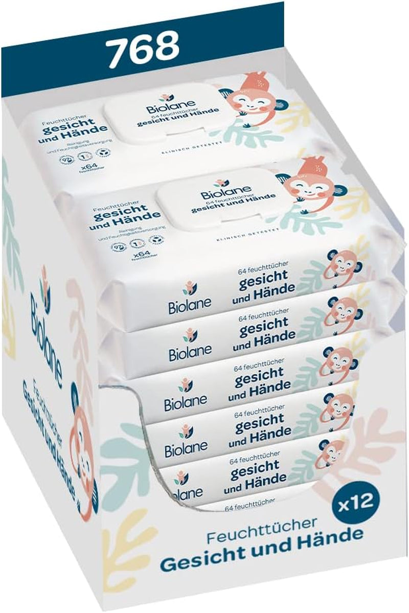 BIOLANE - Chusteczki nawilżane dla niemowląt, twarzy i dłoni - Wyjątkowo delikatne chusteczki czyszczące do higieny - Chusteczki nawilżane dla niemowląt od urodzenia - Bez alkoholu - 12 x 64 chusteczki (768 chusteczek)