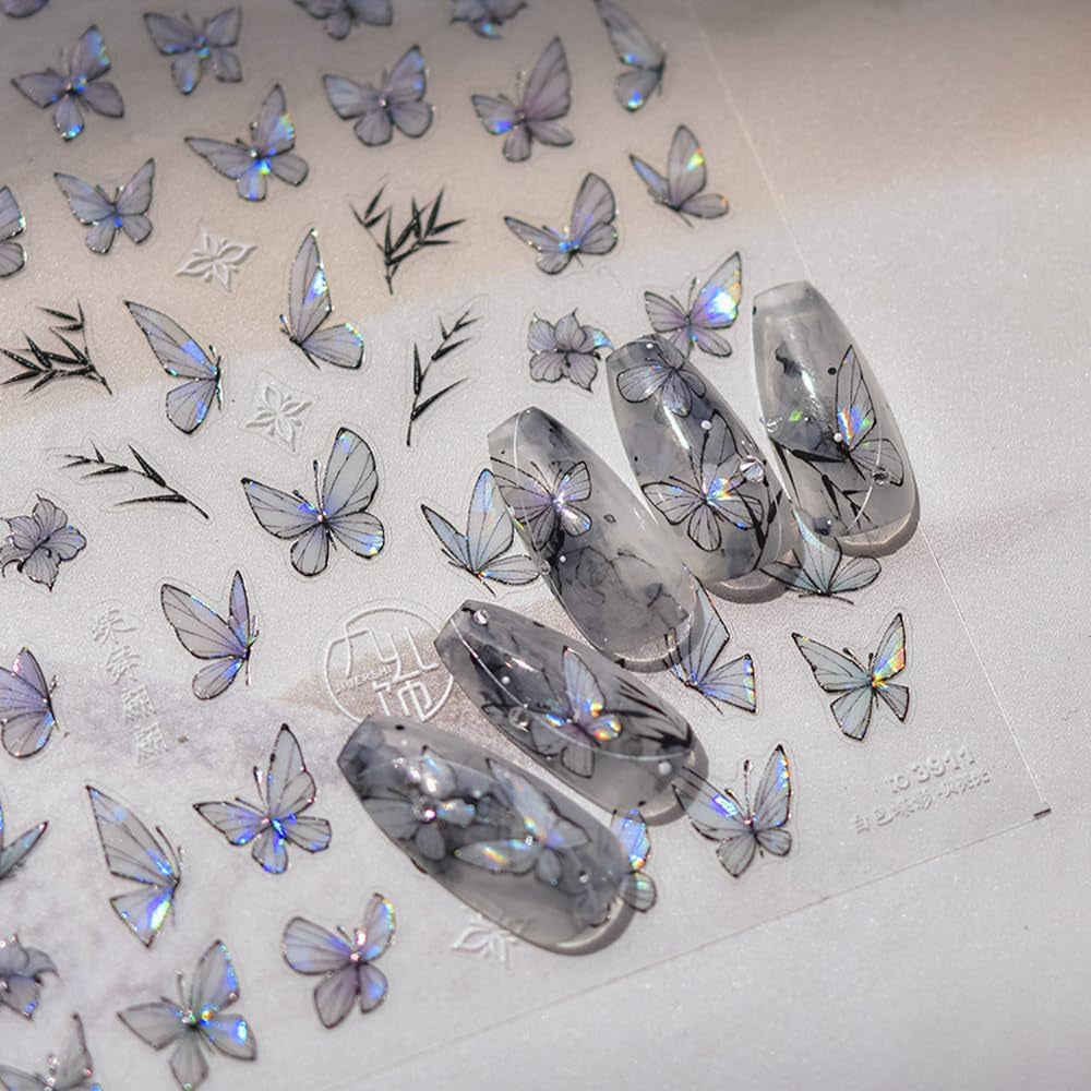 2 Blätter Schmetterling Nagelsticker Selbstklebend,Muschel Glitzer Nail Art Motyl Naklejka na paznokcie Lila Grau Schmetterlinge Nagelaufkleber Relief Laserowe motyle Nagel Naklejka Nageldesign Zubehör
