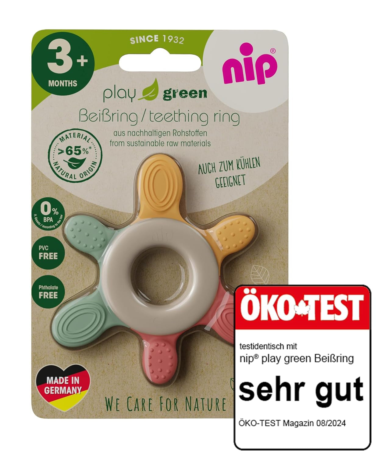 nip – Pierścień ząbkujący | Ekologiczny gryzak dla dzieci od 3 miesiąca życia, wykonany w ponad 65% z surowców naturalnych. Do delikatnego masażu dziąseł, języka i zębów | Czerwony/zielony/pomarańczowy