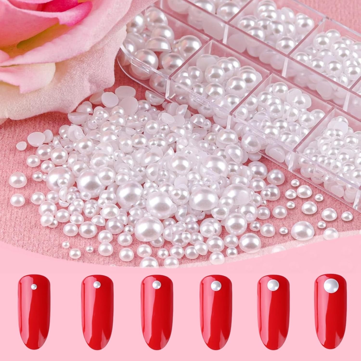 12 Größen Nail Art Perlen, Flache Perlen, Nail Art Accessoires, Halbkreis Nagelperlen, Weiße Nail Charms Und Glitzersteine ​​​​Nägel Für Nail Art Design, DIY Basteln, Alltag, Hochzeit (2 pudełka)