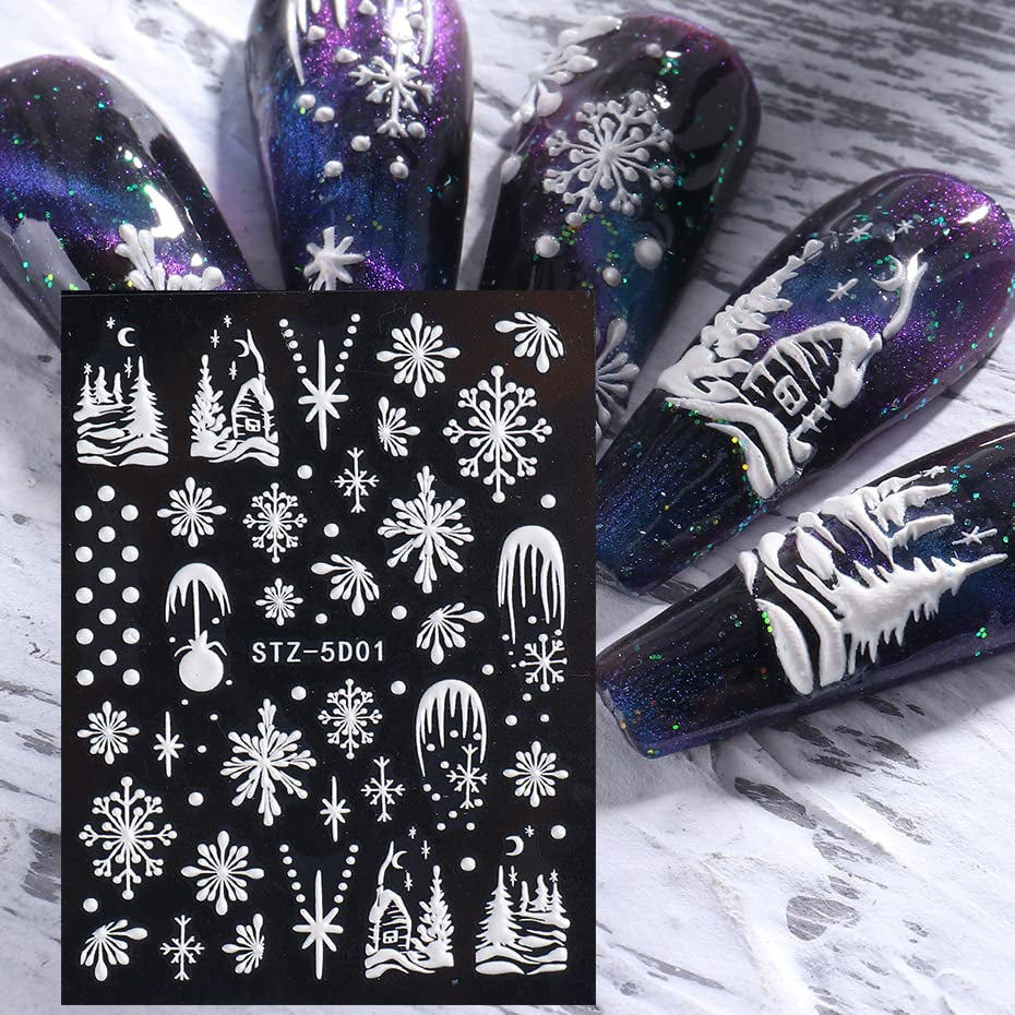 4 Blatt 3D Nagelsticker Weihnachten Nagelaufkleber Boże Narodzenie 5D Stereoskopisch Selbstklebend Schneeflocke Schneemann Nail Art Naklejka Dekoracja Nageldesign Zubehör