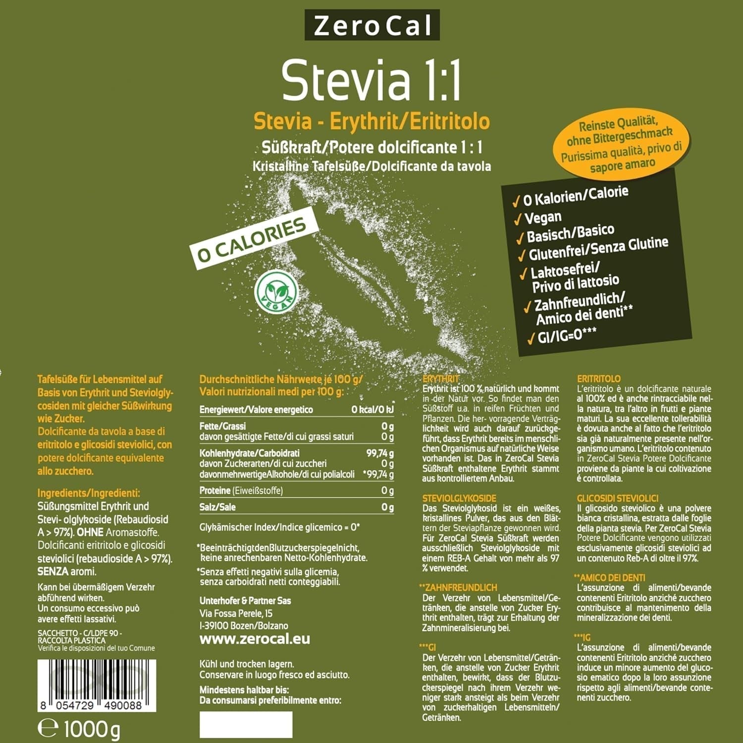 Stewia 1:1 (Erytryt - Stewia) - Natürlicher Zuckerersatzstoff, 1000 G Słodziki Naty Shop