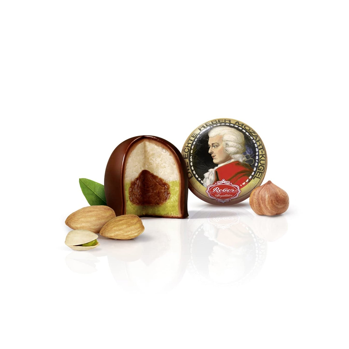 Rebel, Duet Mozart Kugeln, opakowanie 2 szt., kulki Mozarta z ciemnej czekolady nadziewane pistacjami i marcepanem, migdałami i nugatem z orzechów laskowych, 40g (2 kulki Mozarta)