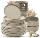 Zestaw naczyń obiadowych z kamionki porcelanowej na 6, 18 sztuk - mocniejszy i odporny na zarysowania niż talerze i miski ceramiczne, błyszczący beż | Zestaw zastawy stołowej zawiera 6 talerzy obiadowych, 6 talerzy deserowych i 6 misek -