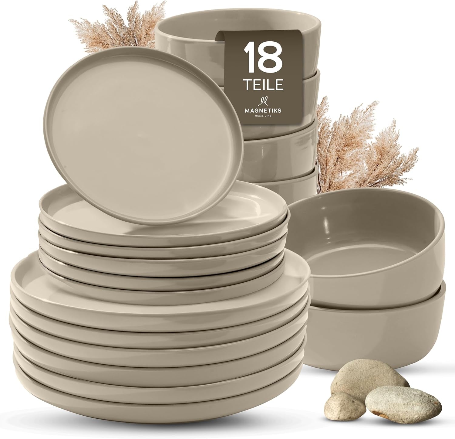Zestaw naczyń obiadowych z kamionki porcelanowej na 6, 18 sztuk - mocniejszy i odporny na zarysowania niż talerze i miski ceramiczne, błyszczący beż | Zestaw zastawy stołowej zawiera 6 talerzy obiadowych, 6 talerzy deserowych i 6 misek -