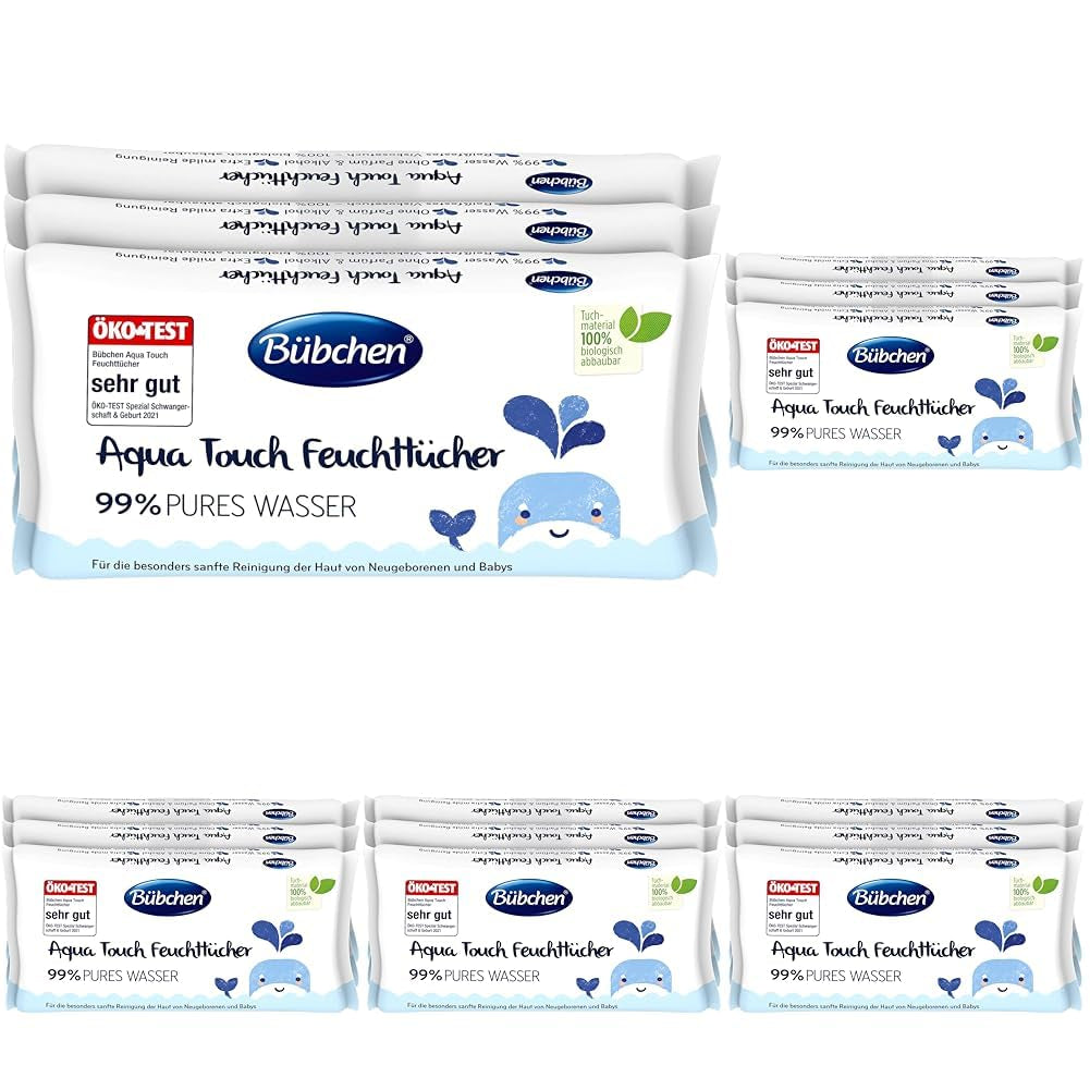 Chusteczki nawilżane dla niemowląt Bübchen Aqua Touch 144 sztuki (3 x 48) - Chusteczki do pielęgnacji skóry wrażliwej zawierające 99% czystej wody, Chusteczki nawilżane dla noworodków i dzieci