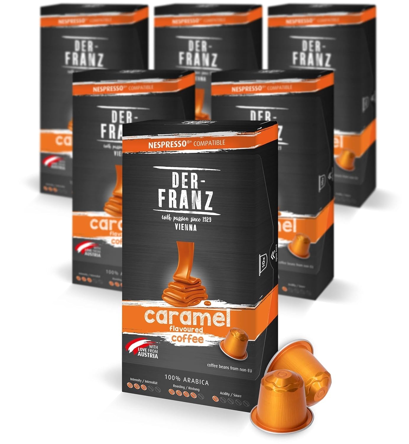 Kapsułki z kawą kompatybilną z Der-Franz Nespresso, 6 x 10 kapsułek, aromat karmelowy, średnio palone
