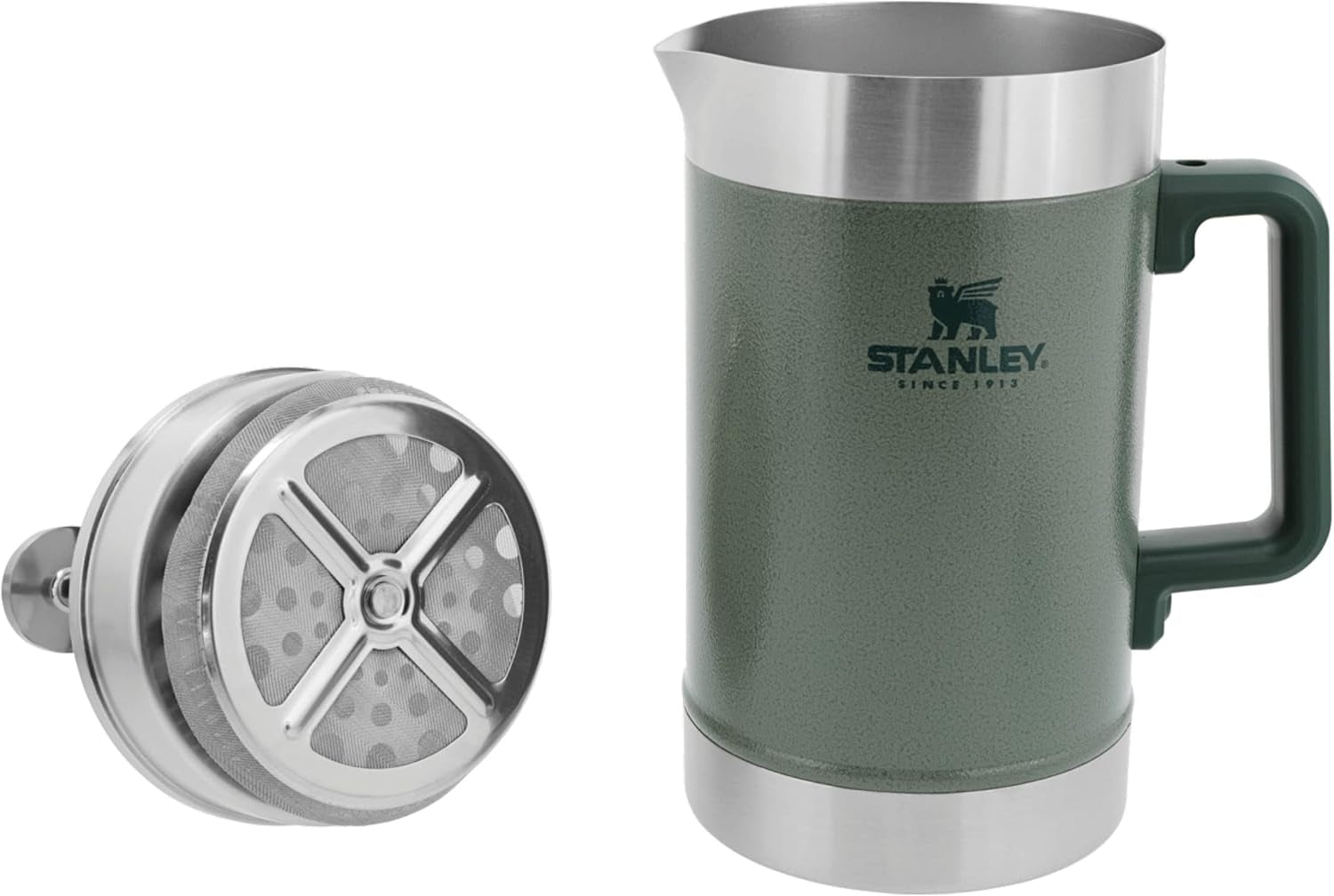 STANLEY Classic Stay Hot Coffee Press 1,4 l Hammertone Green - Utrzymuje gorącą kawę przez 4 godziny - Minimalny osad - Zintegrowana prasa do kawy ze stali nierdzewnej - Nie zawiera BPA - Można myć w zmywarce