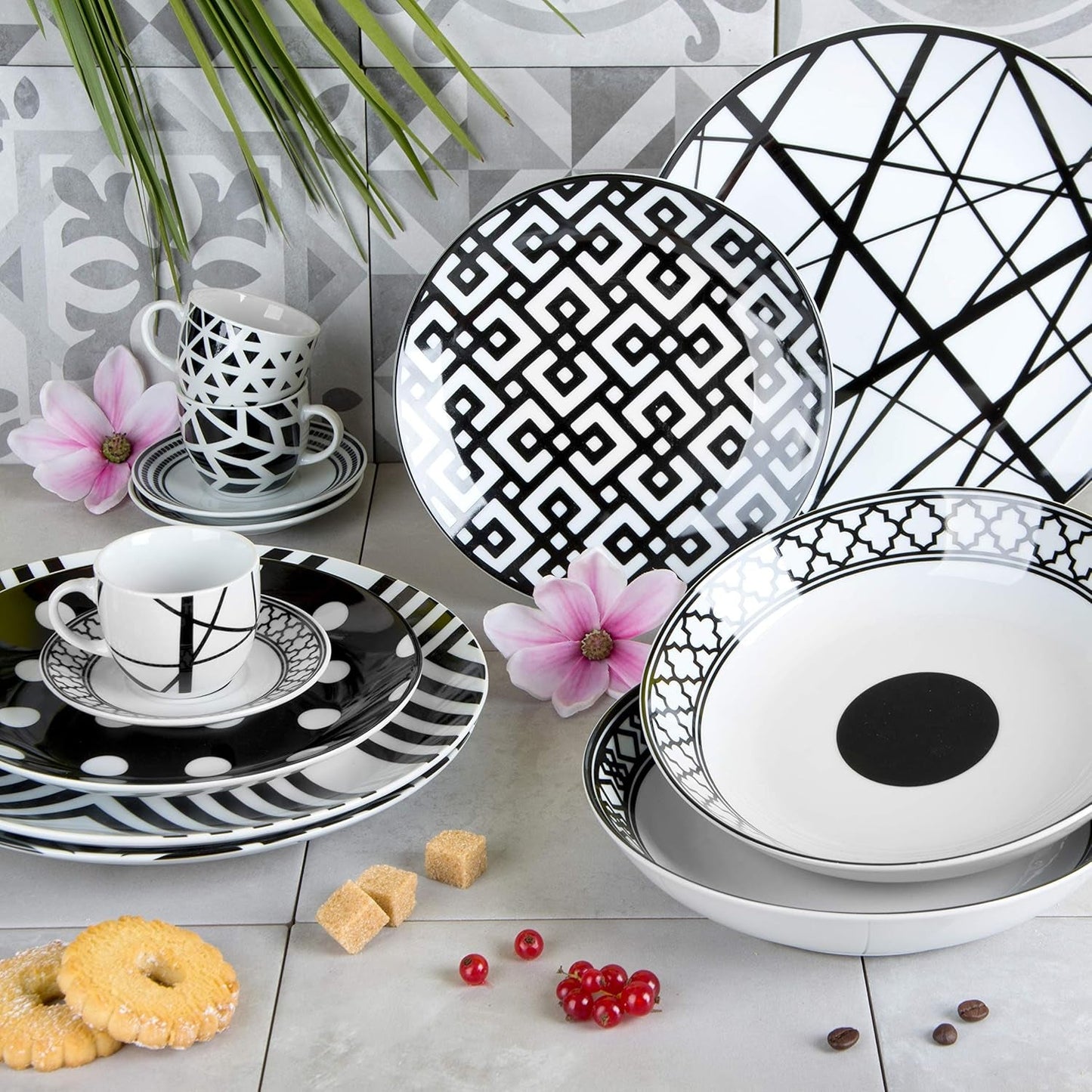 Zestaw naczyń obiadowych Excelsa Emily, porcelana, biały/czarny, 18 sztuk