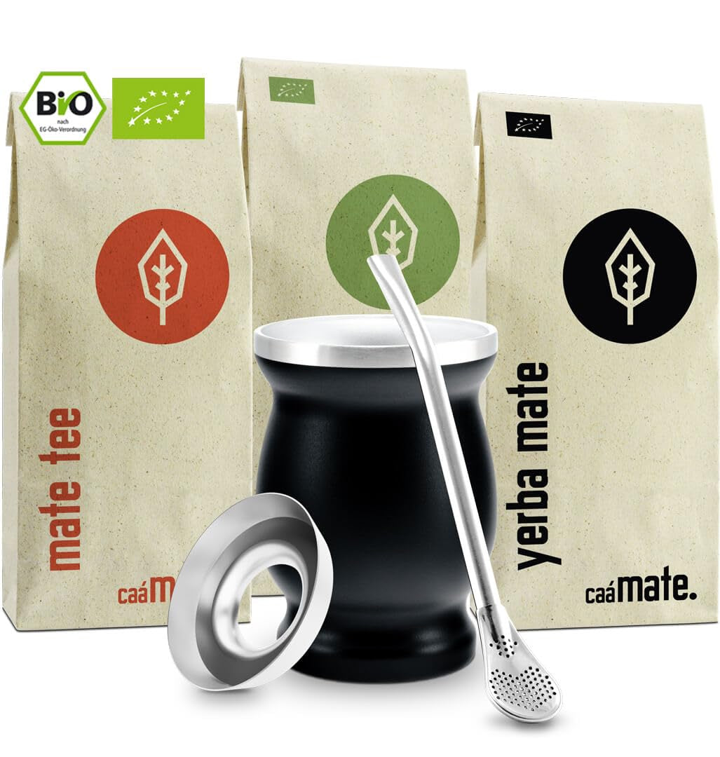 Zestaw do herbaty Mate Bio ● 3 rodzaje Mate + Kubek Mate ze stali nierdzewnej o podwójnych ściankach + Bombilla + Instrukcja parzenia (czarna)