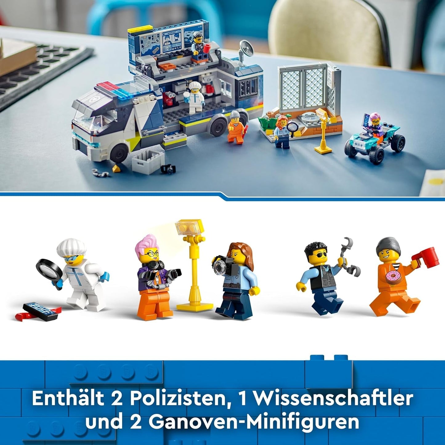 LEGO City Ciężarówka policyjna z laboratorium, quad policyjny i zabawkowa ciężarówka dla dzieci, prezent dla chłopców i dziewcząt od 7 lat oraz 5 minifigurek — 2 policjantów, 1 naukowiec i 2 oszustów 60418 Zestawy do budowania Szukaj w sklepie LEGO