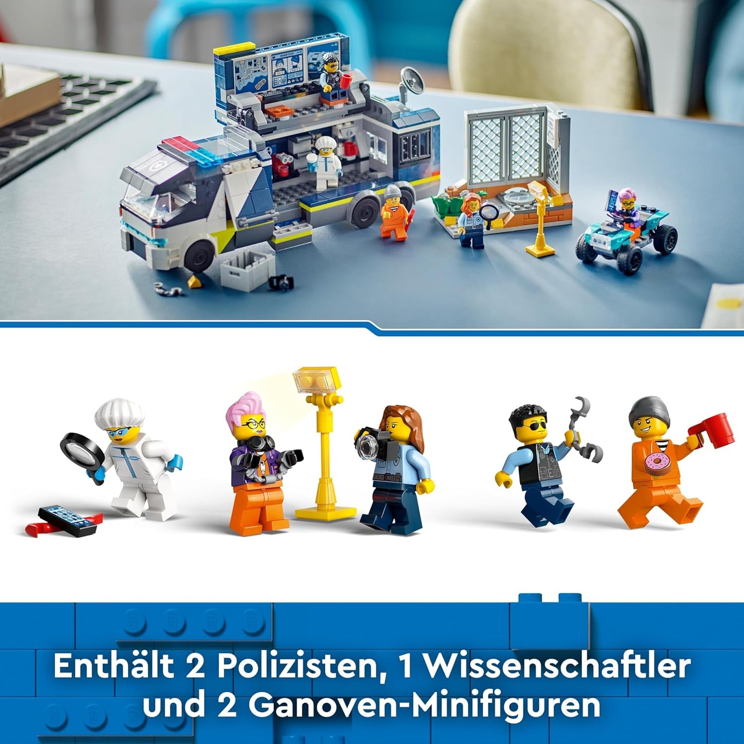 LEGO City Ciężarówka policyjna z laboratorium, quad policyjny i zabawkowa ciężarówka dla dzieci, prezent dla chłopców i dziewcząt od 7 lat oraz 5 minifigurek — 2 policjantów, 1 naukowiec i 2 oszustów 60418 Zestawy do budowania Szukaj w sklepie LEGO