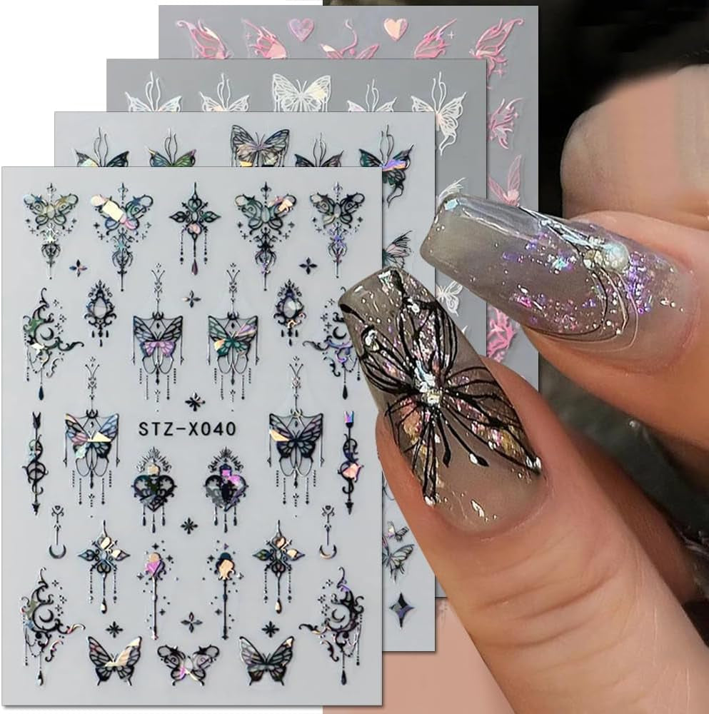 3D Metallic Schwarz Schmetterling Nagelsticker - Laser Pink Aurora Nagelaufkleber - Punk Butterfly Nail Art Naklejki - Srebrne naklejki do paznokci - Nageldesign Zubehör