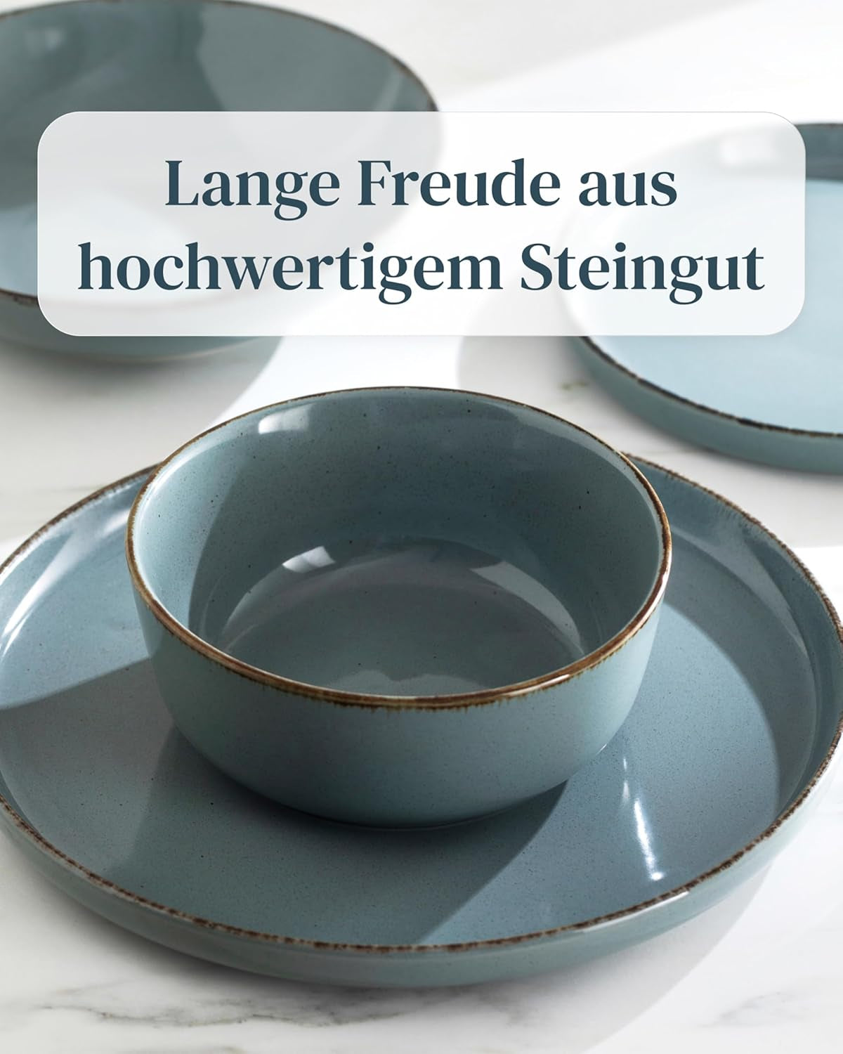 Steingut Geschirrset 12 Personen Rustic 36 tlg. TESTSIEGER, Hochwertiges Landhaussttil Steingut Geschirr Set, Schüssel- und Teller Set, Tafelservice 12 Personen, Geschirrsets Pure Living w Rauchblau