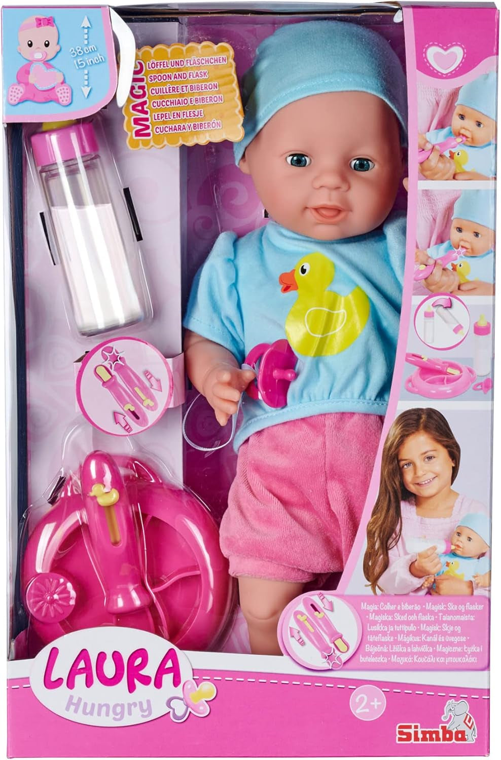 Simba 105010964 - Laura Hungry lalka o miękkim ciele z manekinem, magiczną łyżeczką, znikającą butelką i małym talerzem, 38 cm, lalka od 2 lat Naty Shop Single Dolls