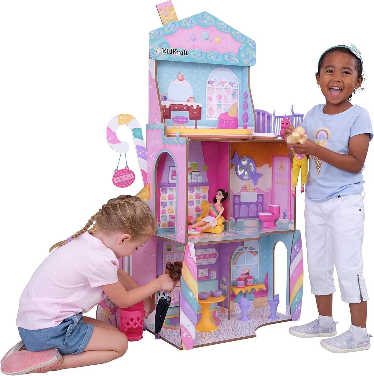 Kidkraft Candy Castle Drewniany domek dla lalek z meblami i akcesoriami, domek z figurką lamy jednorożca, podnośnik do lodów i gumowe krzesło dla lalek, zabawka dla 3 lat, 20242 Domki dla lalek Naty Shop Domyślny tytuł