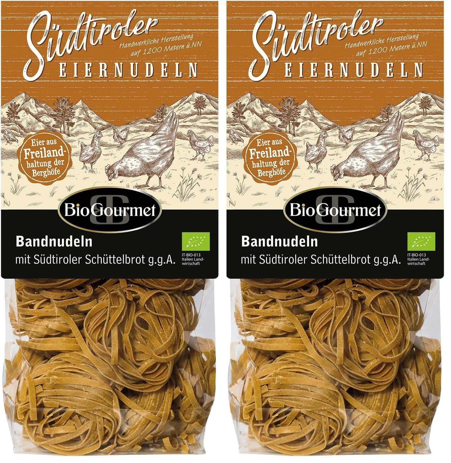Makaron wstążkowy BioGourmet z Schüttelbrot z Południowego Tyrolu (ChOG) | Solony i aromatyzowany makaron jajeczny z prawdziwą drobinką z Południowego Tyrolu | 1 x 250 g Bio
