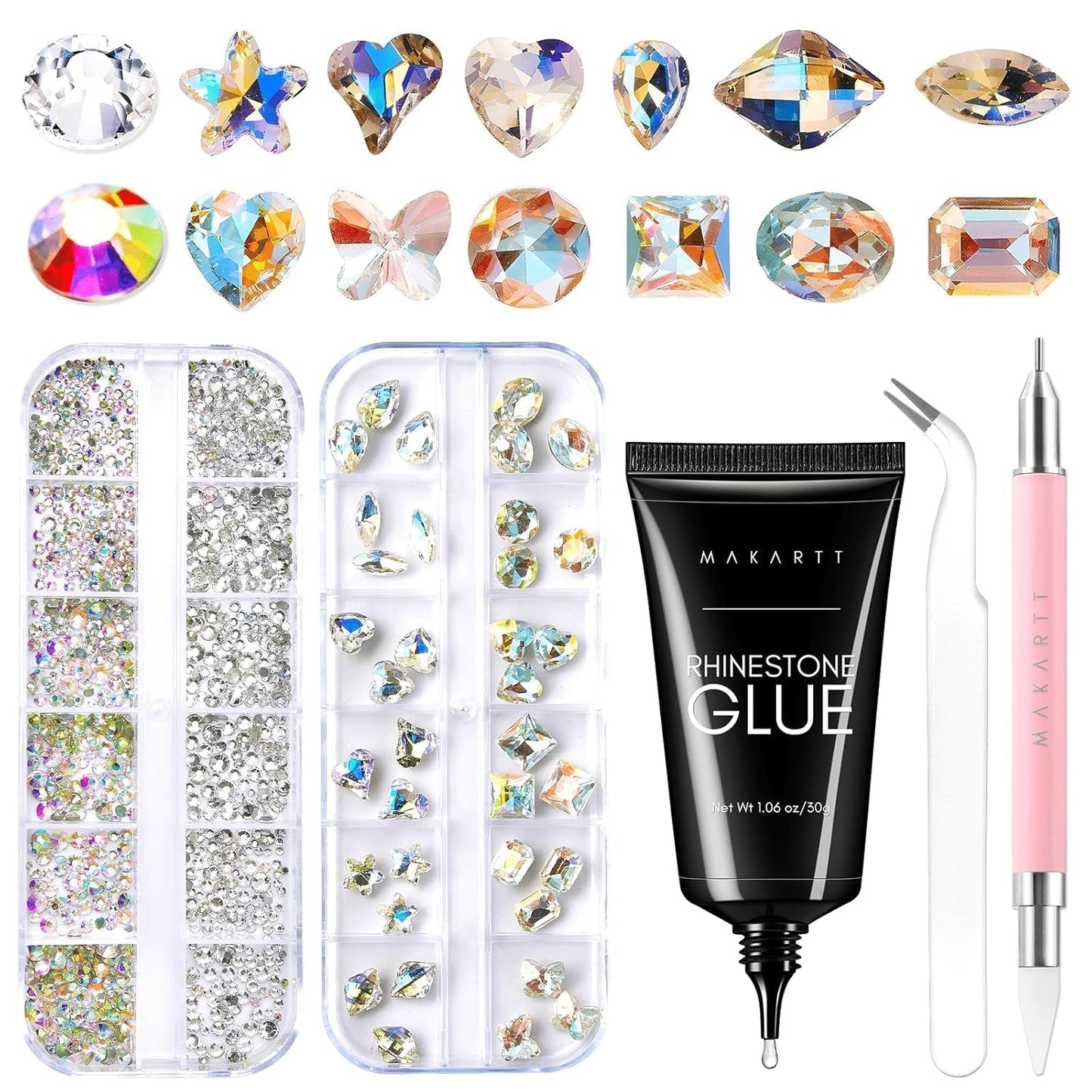 Makartt Żel samoprzylepny Rhinestone - 15 ml Zestaw klejów do paznokci UV z różowymi zawieszkami do paznokci Serce Koło Biżuteria do paznokci i akcesoria do projektowania paznokci do domowego manicure Prezent na Walentynki