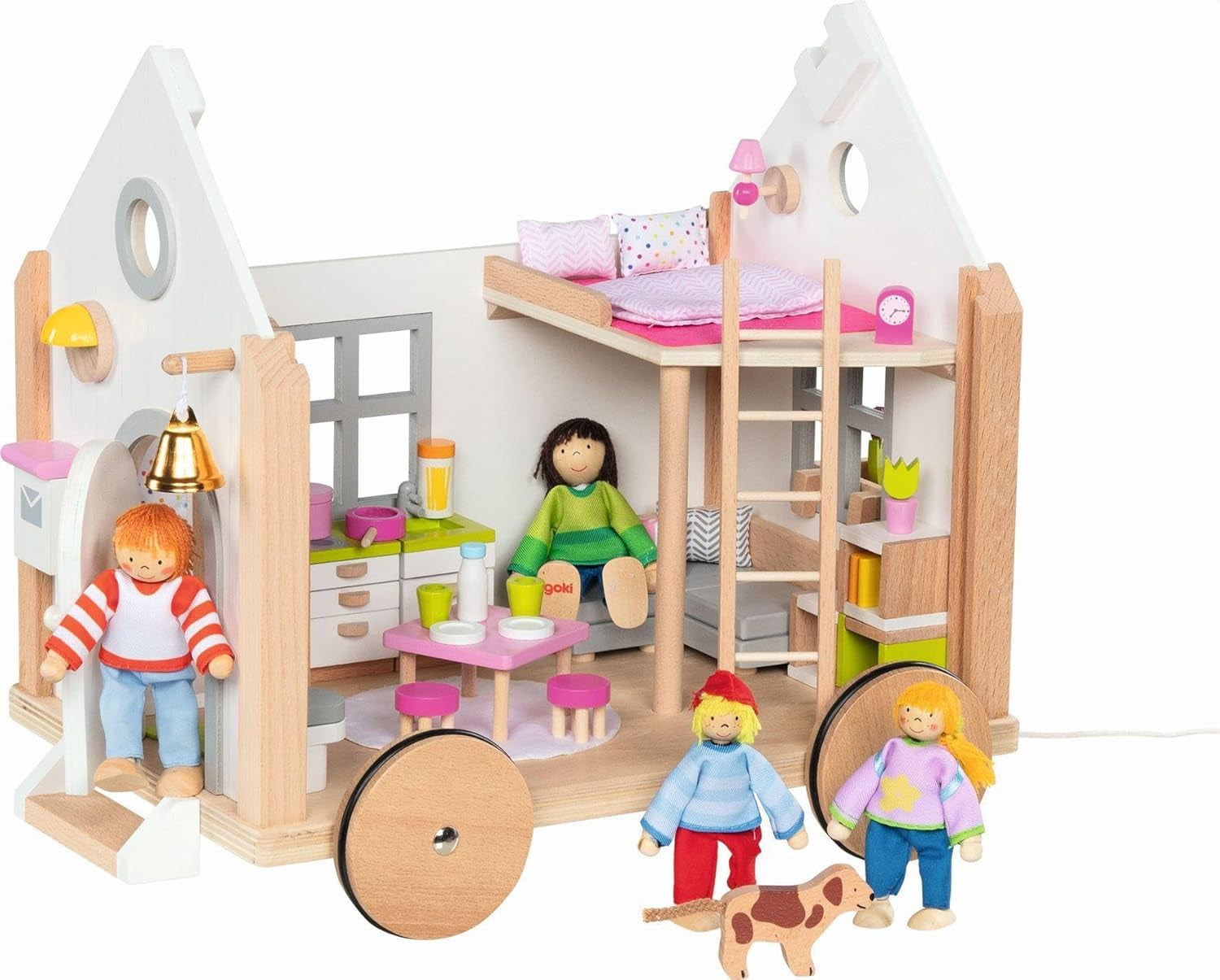Goki 51477 - Mały domek dla lalek Hygge z drewna i tekstyliów dla mini lalek, ruchomy domek dla lalek w stylu skandynawskim, 38 cm x 27 cm x 33 cm, zestaw 40 sztuk, domki dla lalek w wieku 3+ Naty Shop