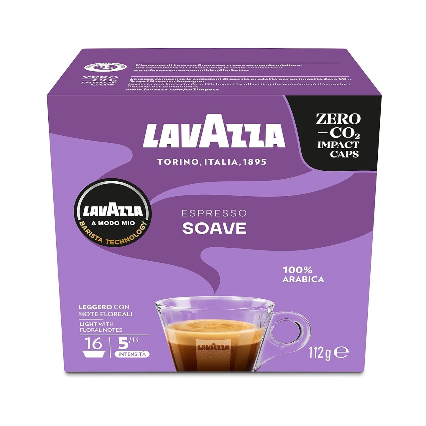 Lavazza, A Modo Mio Soave 256 Kaffeekapseln, für einen leichten und eleganckien Espresso mit aromaticschen Noten von Blumen, 100% Arabica, Intensität 5/13, średni Röstung, 16 Packungen mit je 16