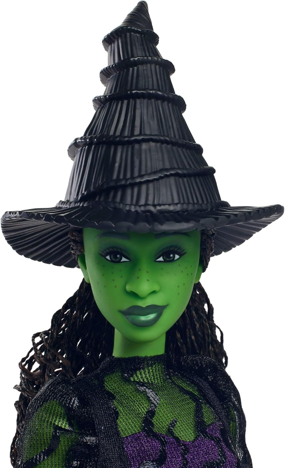 Mattel Wicked Elphaba Fashion Doll i akcesoria z zieloną skórą, czarnymi warkoczami, różnymi możliwymi pozami i odpinanym wyglądem sukni balowej, HXT62, [wielokolorowy]