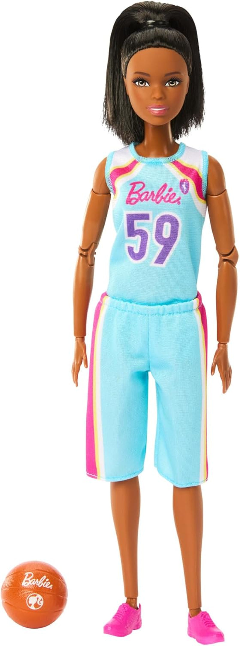 Barbie Made to Move Lalka i akcesoria, Brunetka koszykarz z odpinaną sportową sukienką i piłką, 22 przeguby, HKT74