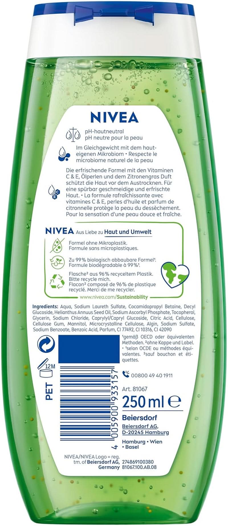 NIVEA Żel pod prysznic z trawą cytrynową i olejkiem, 250 ml Sklep Naty Shop