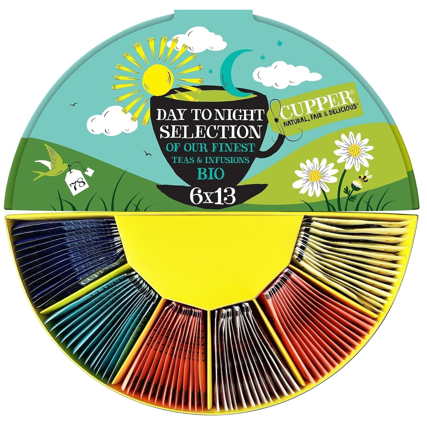 Zestaw upominkowy do herbaty organicznej Cupper, 6 asortymentów herbat ziołowych i owocowych na cały dzień, zestaw do herbaty, pudełko upominkowe, wybrana kolekcja herbat organicznych (1 pudełko, 78 torebek z herbatą)